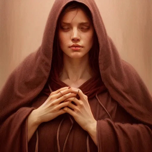 Image similar to Portrait of a woman wearing a hooded robe, medium shot, intricate, elegant, highly detailed, digital painting, artstation, concept art, smooth, sharp focus, illustration, art by artgerm and greg rutkowski and alphonse mucha, by beksinski