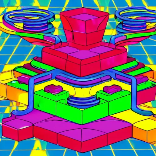 Image similar to an isometric exterior architectural rendering of an infinitely flowing sawtooth interlocking right-angles neon artificial mind-boggling Perpetual Motion Machine made entirely out of colorful wax and plastic, 1:1000 scale, in a highly futuristing Lisa Frank aesthetic (although a bit more subdued than Lisa Frank)