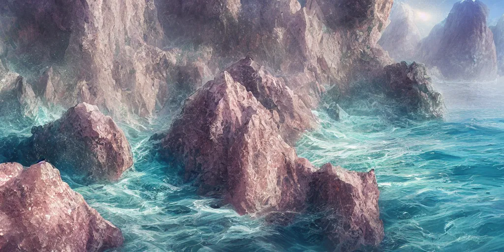 Prompt: sheer rugged crystal rose coloured quartz cliff, viewed from the ocean, illustration, bright sunlight, sun glints, sunrays, digital art, hyperrealistic, oil painting, fantasy, 8 k, trending on artstation, detailed