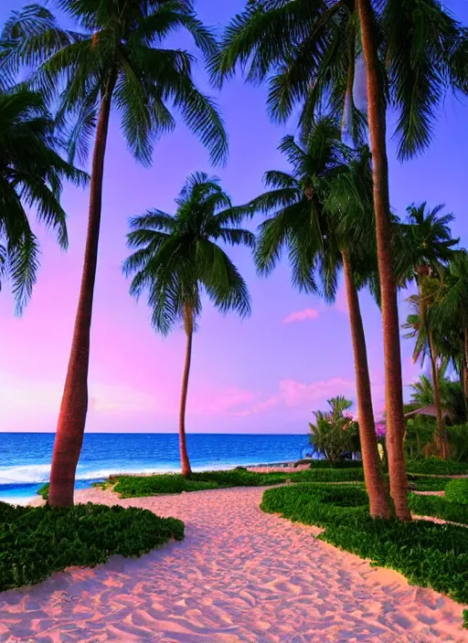 Image similar to palm trees on the beach, highly detailed, pink-blue-green light, landscaping, natural, outdoor spaces,