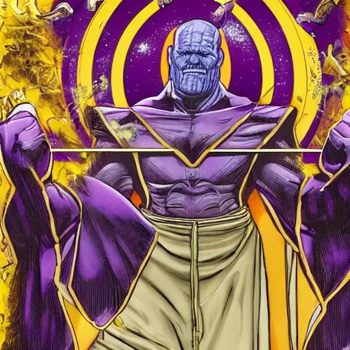 Prompt: thanos is the pope, purple skin, josh brolin, clerical clothes, full body shot, realistic, highly detailed