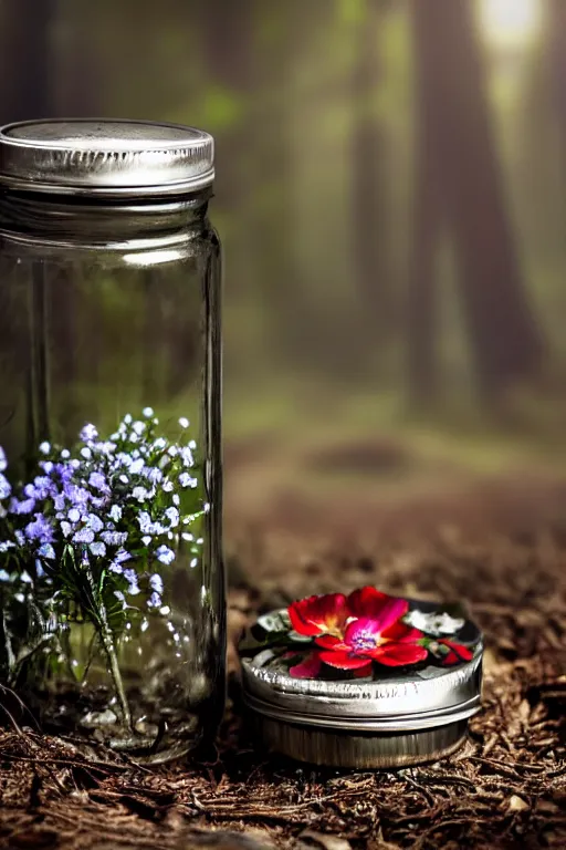 Prompt: a glass jar with a metal lid and flowers growing in earth inside, standing in a dark winter forest. bokeh, metal lid, intricate detail, highly detailed, hyperrealistic, dark lighting, moonlight, glowing jar, magic, cgsociety, sense of awe, mystical, 8 k, beautiful digital art