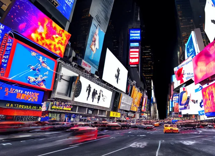 Image similar to film still of the moon shattering into pieces over time square in the new disaster movie, 8 k, night time