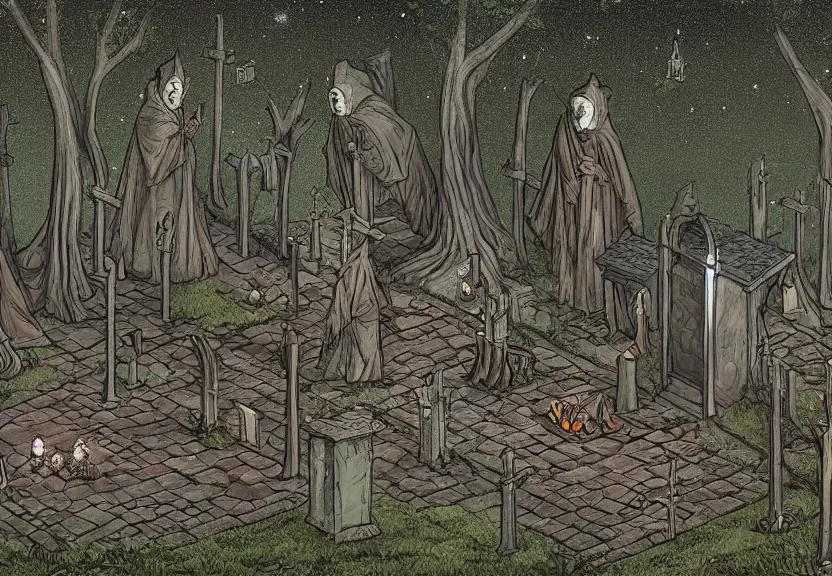 Prompt: possums dressed like monks at a medieval cemetery in the middle of the forest at night, highly detailed, photorealistic, isometric, digital art