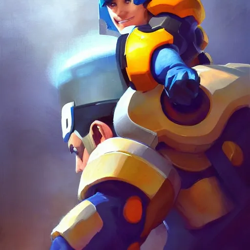 Image similar to greg manchess portrait painting of the megaman as overwatch character, medium shot, asymmetrical, profile picture, organic painting, sunny day, matte painting, bold shapes, hard edges, street art, trending on artstation, by huang guangjian and gil elvgren and sachin teng