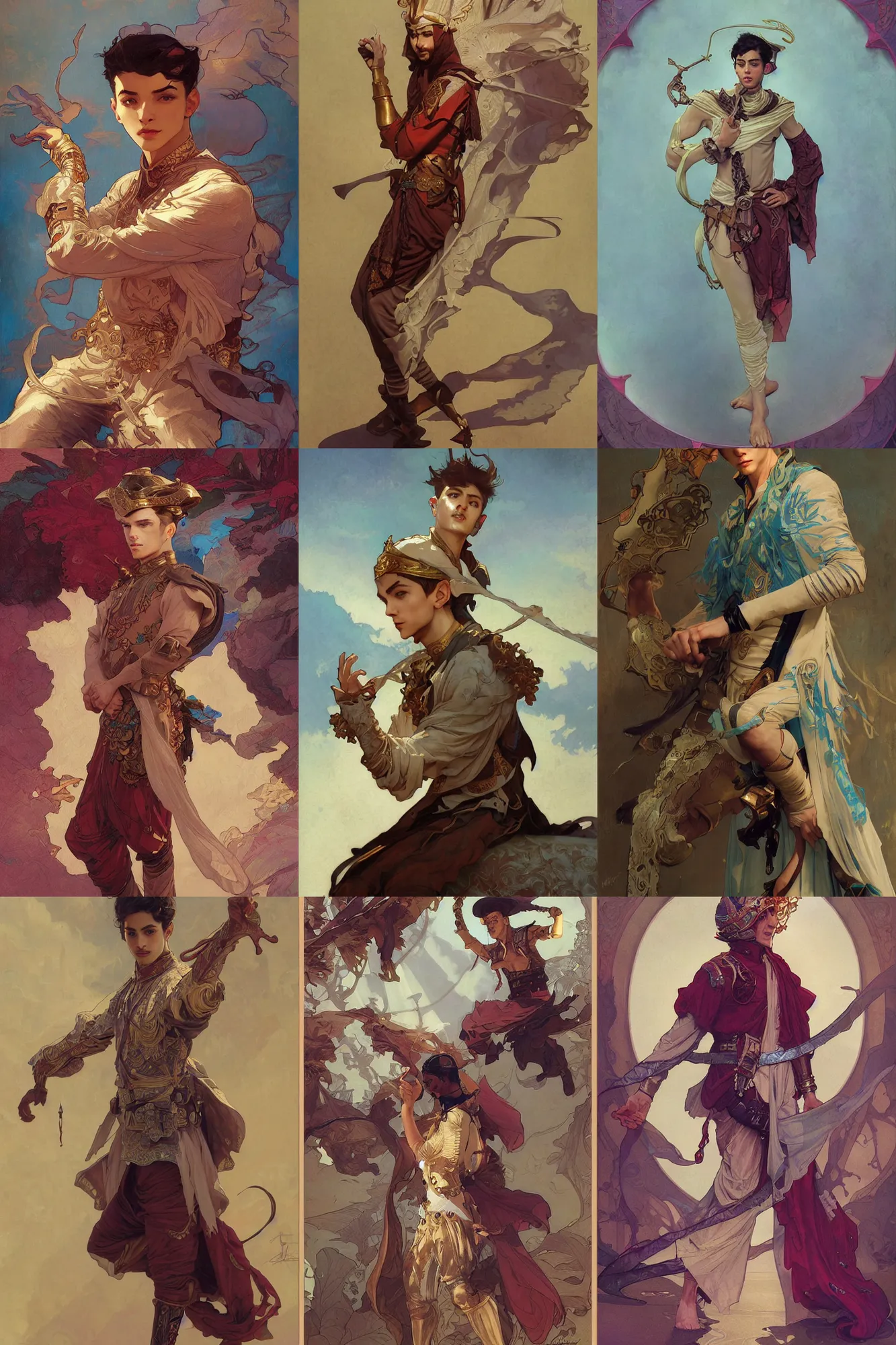 Prompt: young male, arabian costume, fantasy, smooth, art by joseph leyendecker, peter mohrbacher, ruan jia, marc simonetti, ayami kojima, cedric peyravernay, alphonse mucha, victo ngai