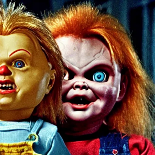 Image similar to Chucky the killer doll from the movie Child's Play surrounded by the Flodder family in a still from the dutch TV series Flodder (1993) 8k hdr