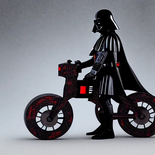 Prompt: dslr photography of darth vader highly detailed and accurate body and face from star wars riding a bicycle