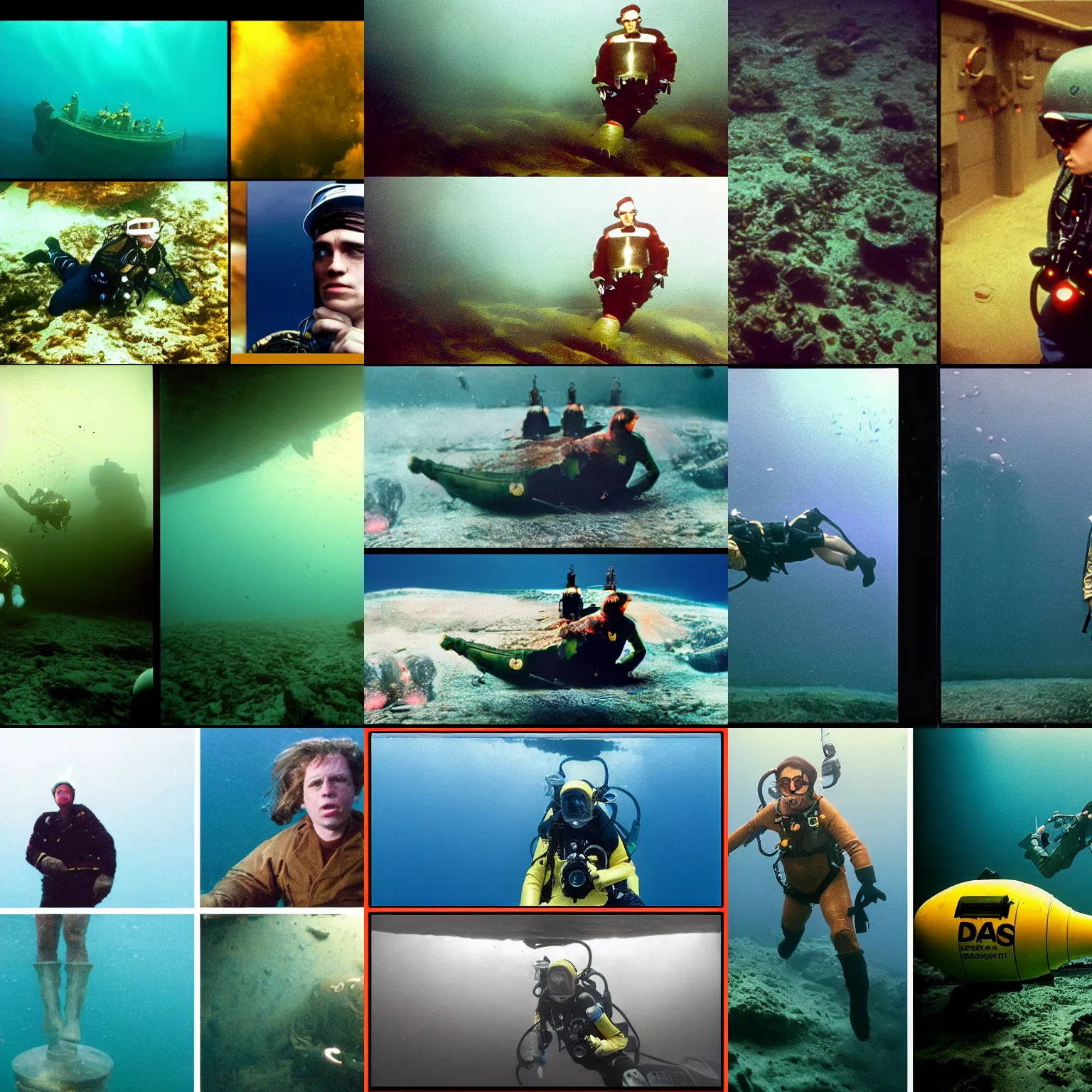 Prompt: Kodak portra 160, 4K, split split screens: famous deep sea diver in low budget das boot movie remake, underwater scene