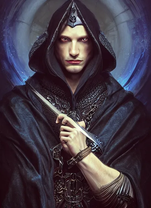 Prompt: ultrarealistic male mage face portrait fighting, long black hair blue eyes wearing leather mantle gothic navy cloak with leather details, bone plants, fantasy character portrait, octane render, extreme intricate details, elegant, cinematic lighting, highly detailed, artstation, dnd art, cgsociety, sharp focus, beautiful digital painting by artgerm, gerald brom, wlop, alphonse mucha