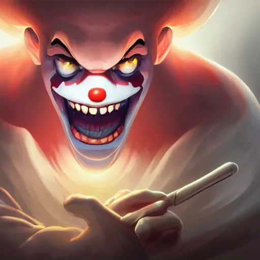 Prompt: Dark Evil clown emerging of a tablet design Video game icon, smooth foggy, game artbehance hd by Jesper Ejsing, by RHADS, Makoto Shinkai and Lois van baarle, pozuka demisu, rossdraws global illumination