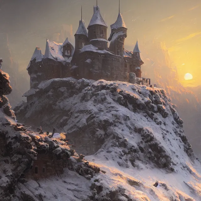 Prompt: a painting of a castle in the middle of a snowy mountain, a detailed matte painting by andreas rocha and greg rutkowski, sunset, crumbling ruins, birds, desolation, featured on artstation, fantasy art, matte drawing, matte painting, artstation hq