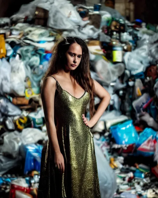 Image similar to a beautiful photo of a Young female with long hair and reflective eyes, Queen of trash wearing a gown made black and blue plastic trash bags and plastic bottles , surrounded by trash all around and in the background, top cinematic lighting , cinematic mood, very detailed, shot in canon 50mm f/1.2