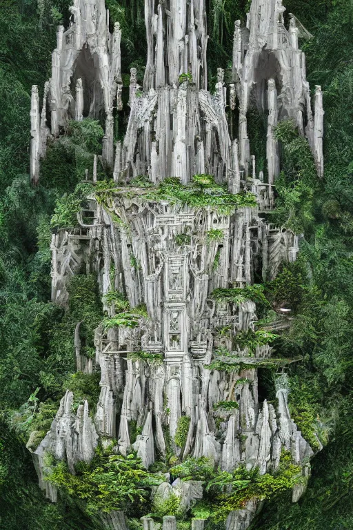 Prompt: ancient fractal temple megastructure in the hanging gardens of a radiant cathedral, overgrown garden, many white flowers, scanned earth terrain bridges, erosion algorithm landscape, by albert bierdstat, by glenn small, high fantasy, high resolution, photorealism, populated by luminous beings, volumes of fog, aerial perspective