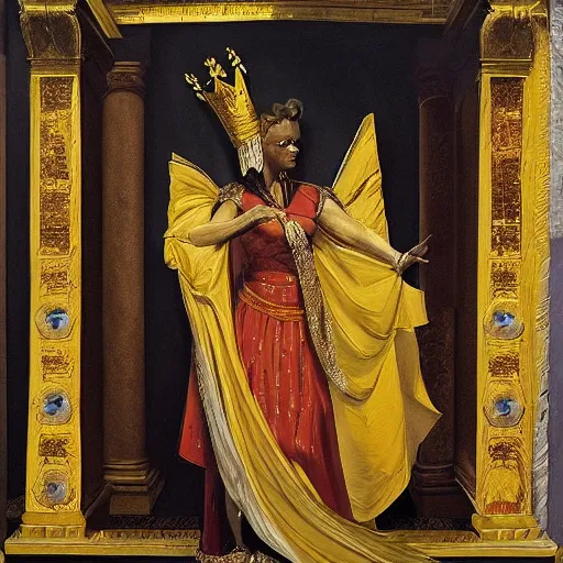 Prompt: the young sovereign of mars in the prime of her reign and the height of her power, looking to the side with fierce but kind eyes, dressed in white and gold robes and a golden laurel crown, inspired by roman emperors, abstract oil painting