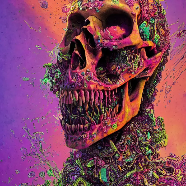 Image similar to portrait of a psychedelic skull. razor sharp teeth. infected with zombie virus. intricate abstract. intricate artwork. nightmare fuel. by Tooth Wu, wlop, beeple, dan mumford. octane render, trending on artstation, greg rutkowski very coherent symmetrical artwork. cinematic, hyper realism, high detail, octane render, 8k, iridescent accents