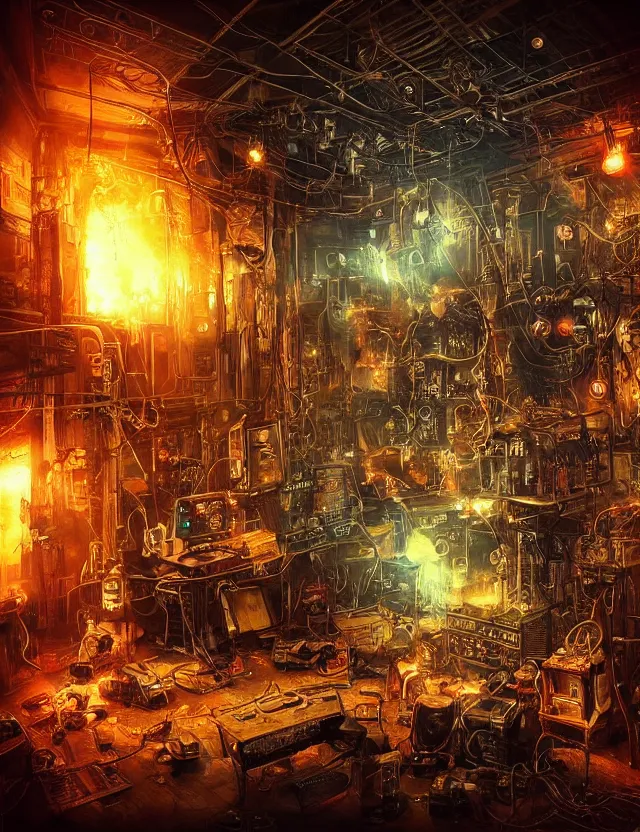 Image similar to “Artstation. A room full of electronic steampunk equipment with wires and tv screens and audio meters and voltage meters. A bright explosion and fire and smoke is coming out of a computer monitor. Man is sitting and watching it. Dark, intricate, highly detailed, smooth, in style of Mike Savad”