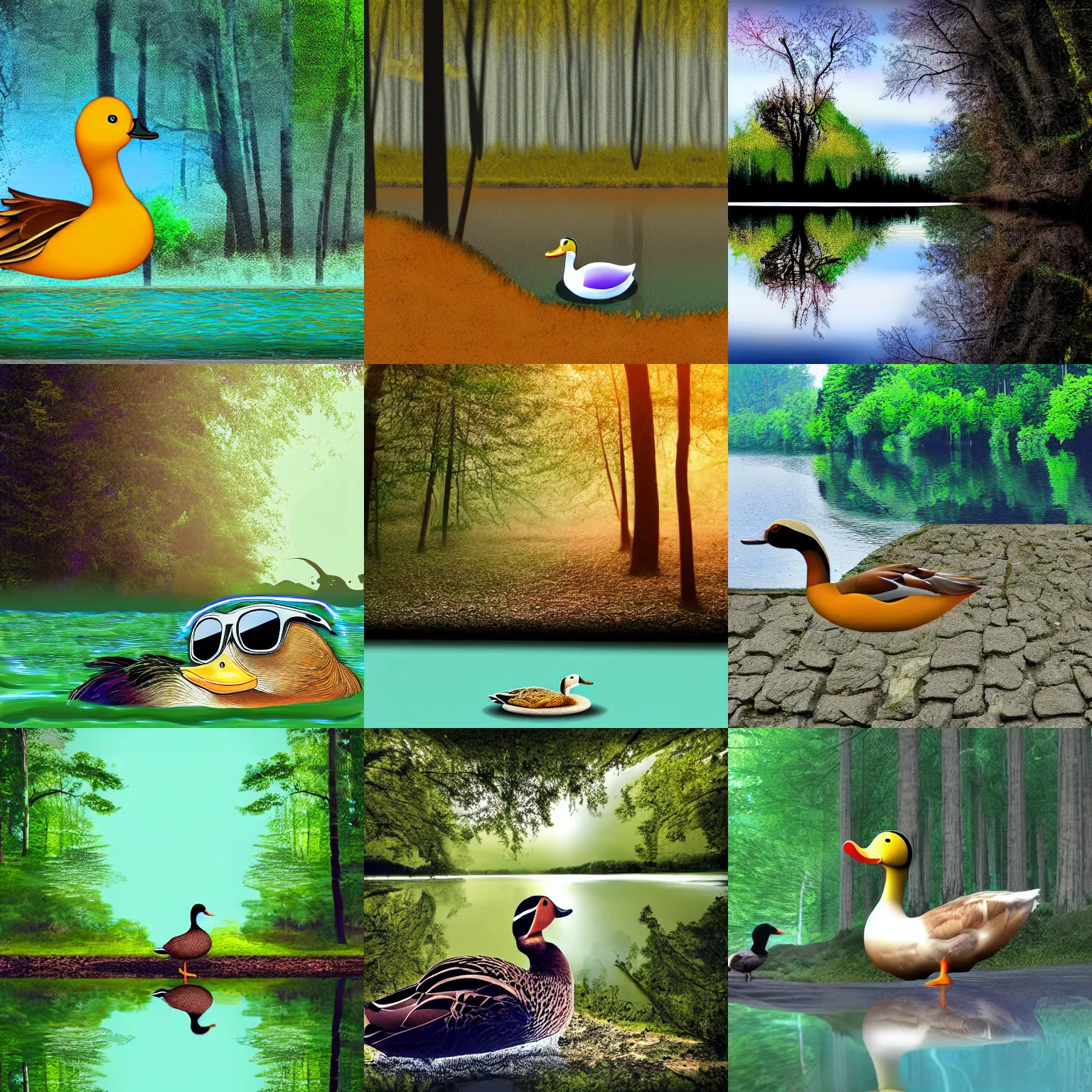 Prompt: a digital art of a duck wearing sunglasses, on river, inside a forest