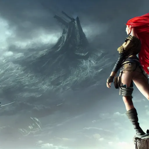 Image similar to sky-pirate with long red hair standing in front of an airship, realistic, ultra detailed, menacing, powerful, dark, shallow focus, forest, mountains in the background concept art design as if designed by Wētā Workshop