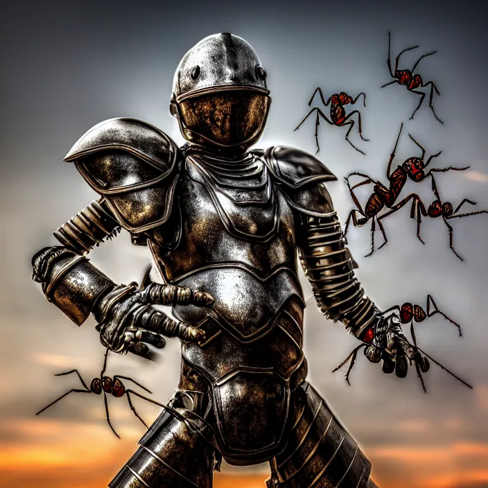 Image similar to photo of a warrior with metal ant themed armour, highly detailed, 4 k, hdr, smooth, sharp focus, high resolution, award - winning photo