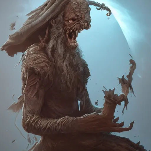 Prompt: old crone, rotted teeth, offering putrid worm, full body, mystical, volumetric lighting, super detailed intricate, in the style of Filipe Pagliuso on Artstation