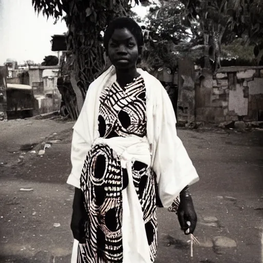 Image similar to “ african shrine maiden. photograph, 1 9 8 0 s. in the background is a city out of focus ”