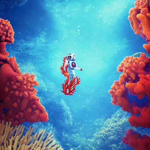 Image similar to spaceman floating underwater, corals, 4 k digital art, artwork