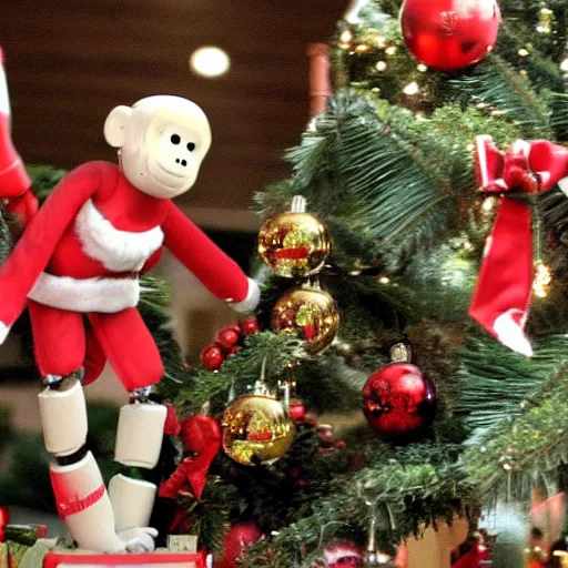 Image similar to capuchin monkey putting christmas tree ornament on christmas tree, standing next to humanoid robot, living room, 2 0 0 6 youtube video