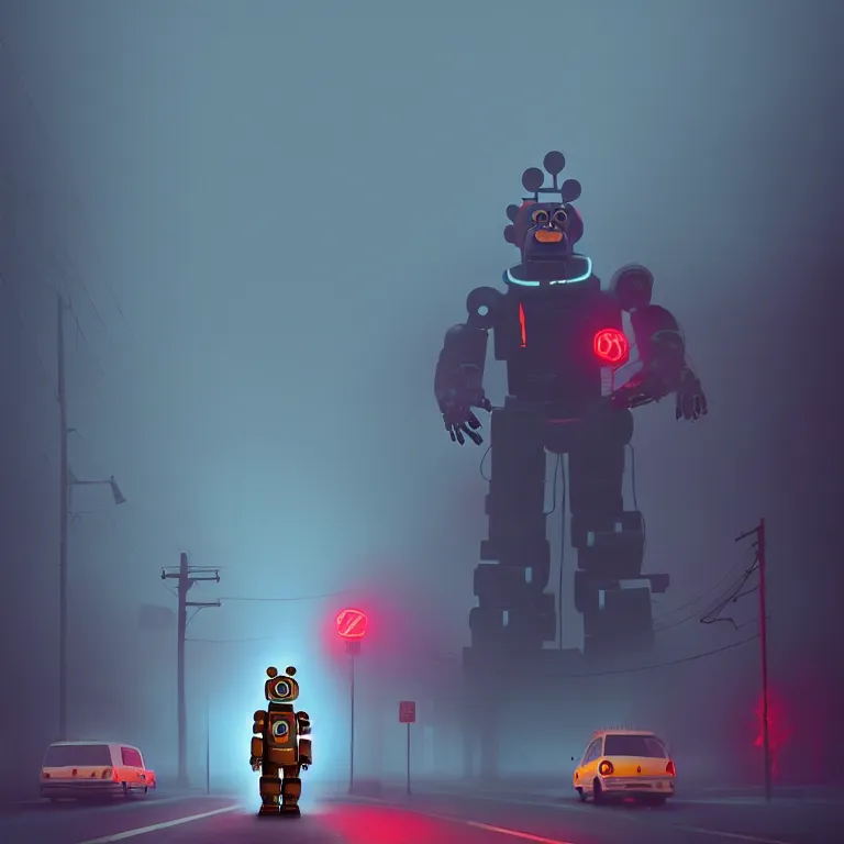 Image similar to a giant freddy fazbear robot animatronic bear in the middle of a foggy street, award - winning art by simon stalenhag, trending on artstation
