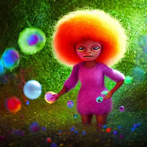 Image similar to a black girl with big beautiful eyes and a colorful afro playing with bubbles in the candy forest, bright colors, synthwave, watercolor, volumetric wool felting, felt, macro photography, children illustration, global illumination, radiant light, detailed and intricate environment, by goro fujita, bokeh!!!!