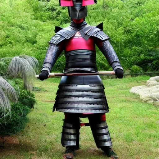 Image similar to samurai armor worn by hairless sphynx cat