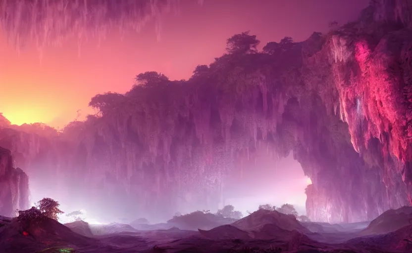 Prompt: a beautiful and stunning digital render of a humongous opal cave, dimly glowing crystals, vines, haze, waterfall, volumetric lighting, photorealistic, red sky, sunset, unreal engine 5, ultra detail, trending on artstation