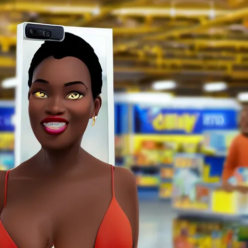 Image similar to stunning, coherent, beautiful painting, still of black bbw woman in wal-mart taking a selfie, a man is following her, 3d, in the style of pixar, comic book style, 3d, highly detailed, highly detailed, sharp focus, bokeh, depth of field, 16k resolution, Unreal Engine 5, coherent, cinematic lighting, photorealistic, by Zhang Jingna