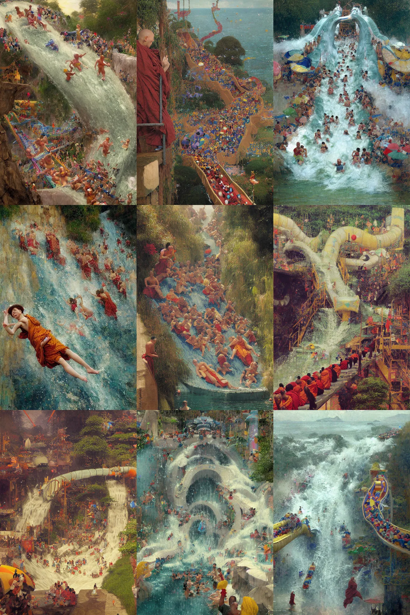 Prompt: painting of laughing!!!!!!!!!!!!!!!!!!! and buddhist monks sliding down a huge theme park waterslide at edge of the world by waterhouse!!!!!!!!, craig mullins!!!!!!, ruan jia, gustave klimt