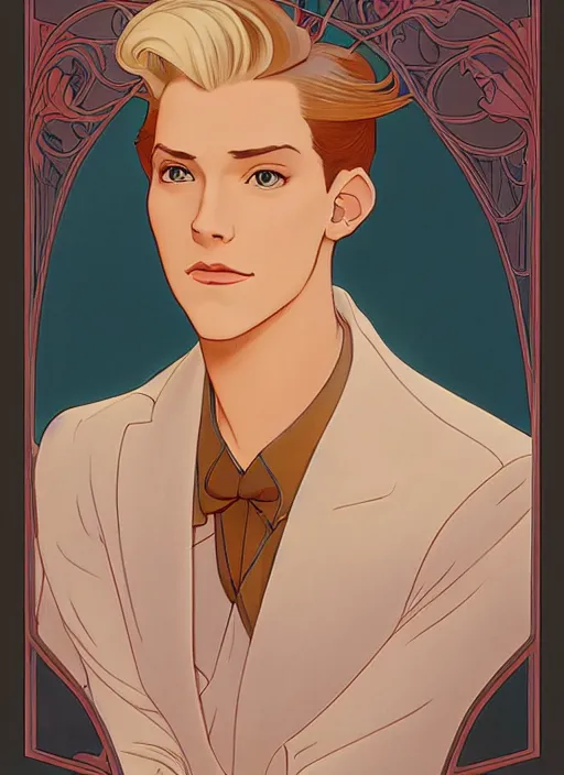Image similar to well - lit art nouveau portrait of a young man with short blond hair, natural lighting, path traced, highly detailed, high quality, cartoon, digital painting, by don bluth and ross tran and studio ghibli and alphonse mucha