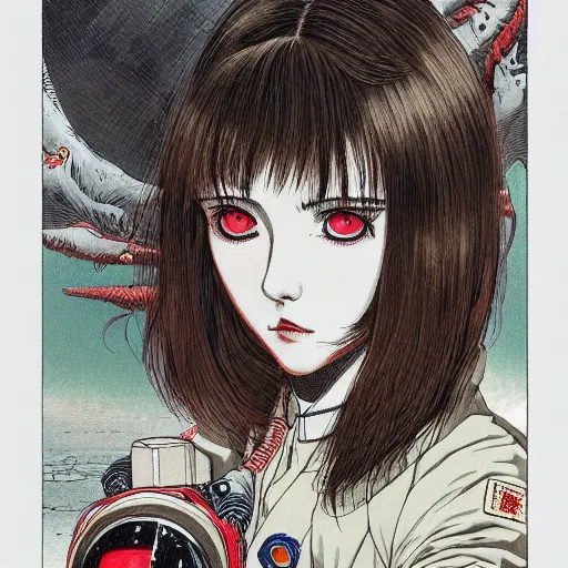 Image similar to portrait of female demon naraka astronaut painted in miyazaki color style drawn by katsuhiro otomo and takato yamamoto, high detail, intricate linework, sharp, smooth face, china doll face, high detail, manga and anime