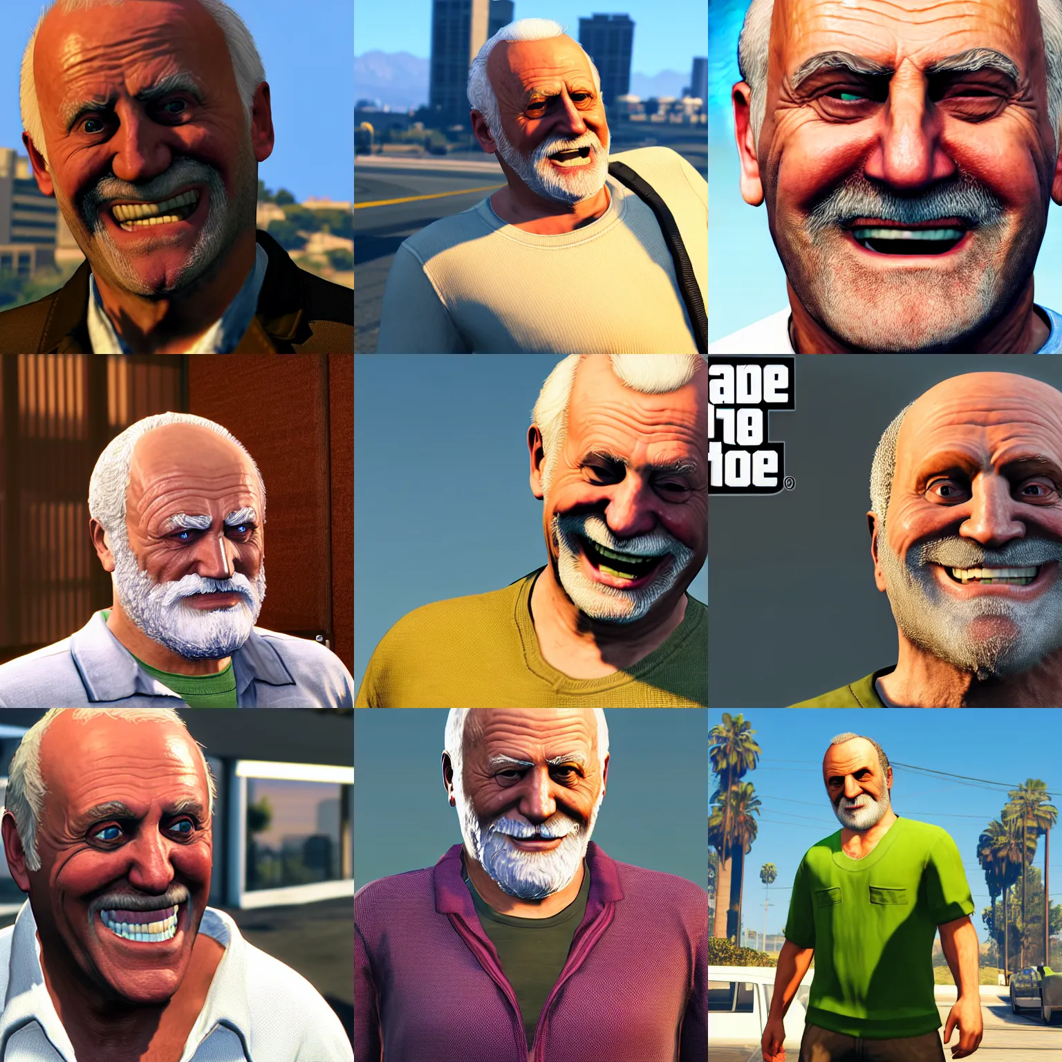 Prompt: hide the pain harold internet meme, stock photo in gta 5, detailed render, 8 k screenshot