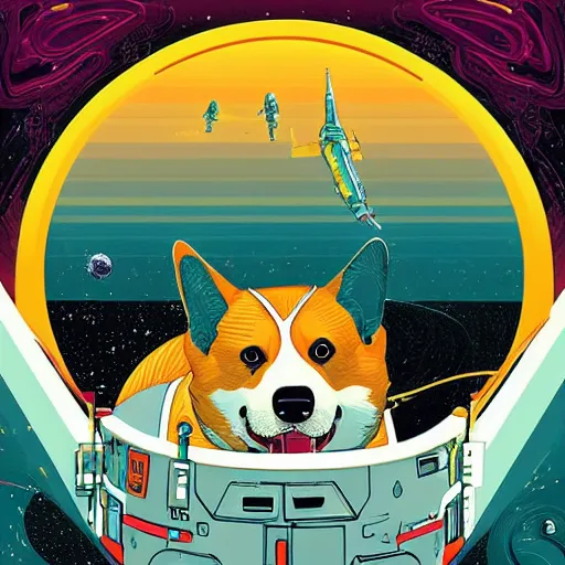 Prompt: corgi cosmonaut in outer space, maximalist, futurist, sci - fi, intricate, illustration by kilian eng, moebius, jean giraud, syd mead