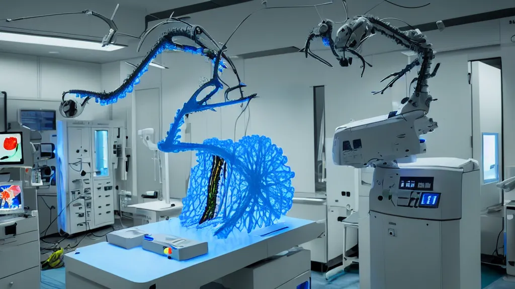 Image similar to a complex bifurcated surgical arm hybrid mri 3 d printer machine making colorful mutant forms with control panels in the laboratory inspection room, film still from the movie directed by denis villeneuve with art direction by salvador dali, wide lens