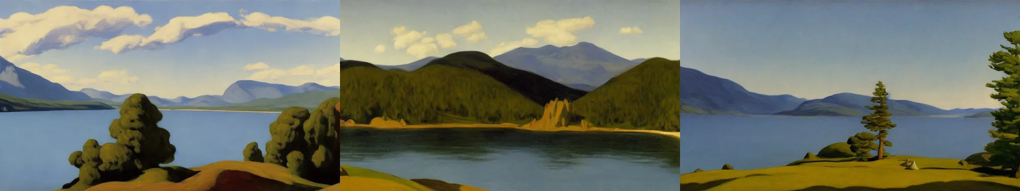 Prompt: lakeside mountains, by edward hopper