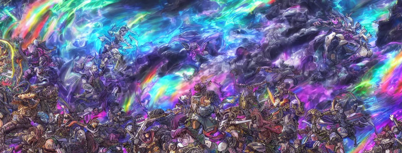Prompt: a zoomed out panoramic view an army of rainbow soul calvary charging into the abyss. hyperrealistic anime background illustration by kim jung gi, colorful, extremely detailed intricate linework, smooth, super sharp focus, bright colors, high contrast, matte, octopath traveler, unreal engine 5 highly rendered, global illumination, radiant light