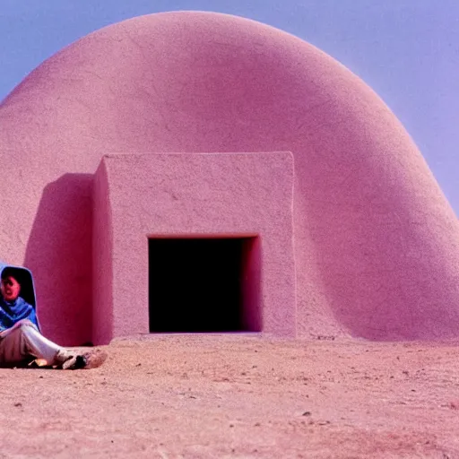 Image similar to a man wearing a pink hoodie sitting outside a Non-Euclidean orb-like clay house sitting in the desert, vintage photo, beautiful cinematography, blue sky, film grain, James Turrell