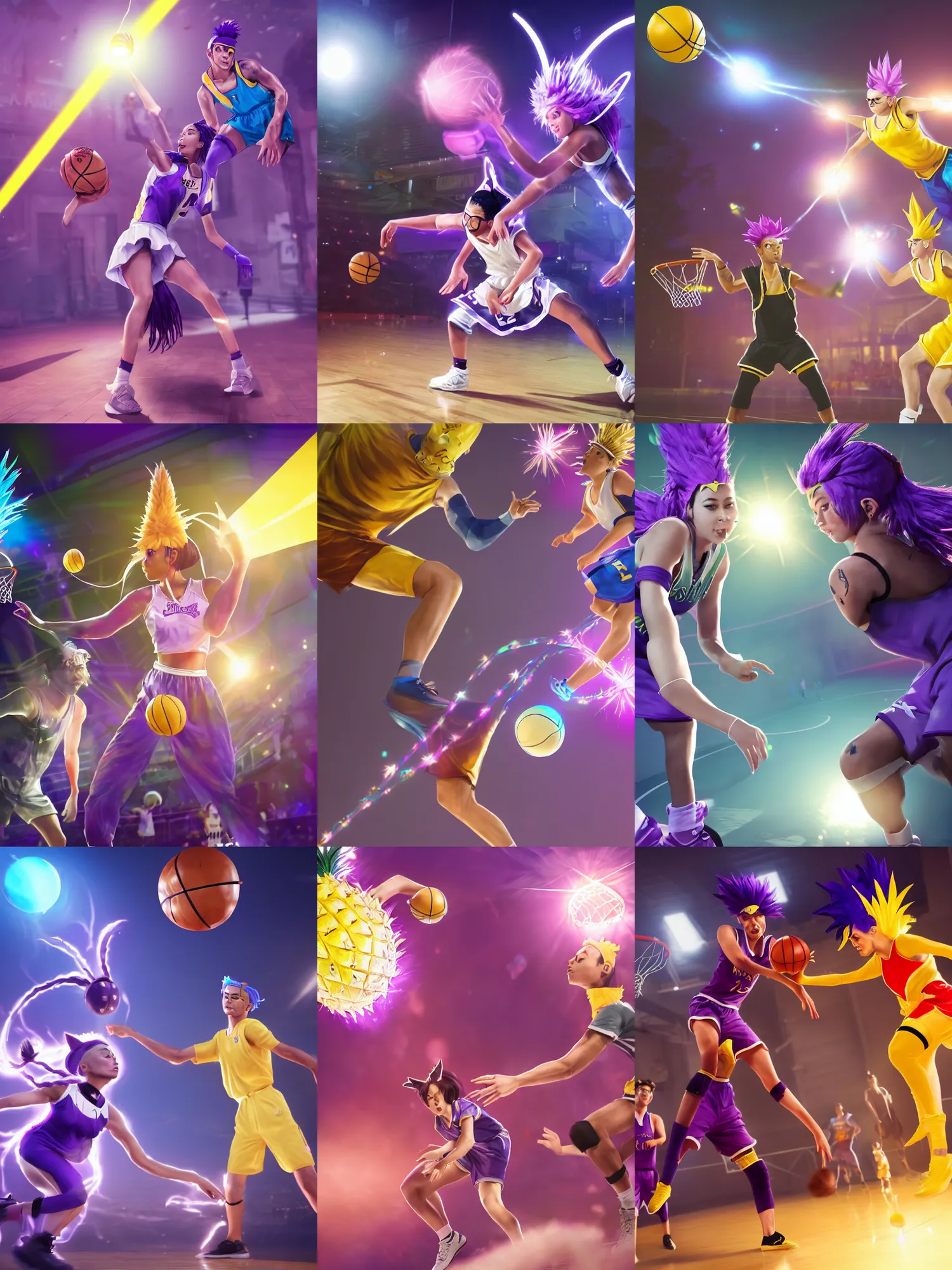 Prompt: a human pineapple playing basketball against a man in a maid outfit with purple hair and cat ears, ultra realistic, lens flare, atmosphere, glow, detailed, intricate, full of colour, cinematic lighting, trending on artstation, 4 k, hyperrealistic, focused, extreme details, unreal engine 5, cinematic, masterpiece