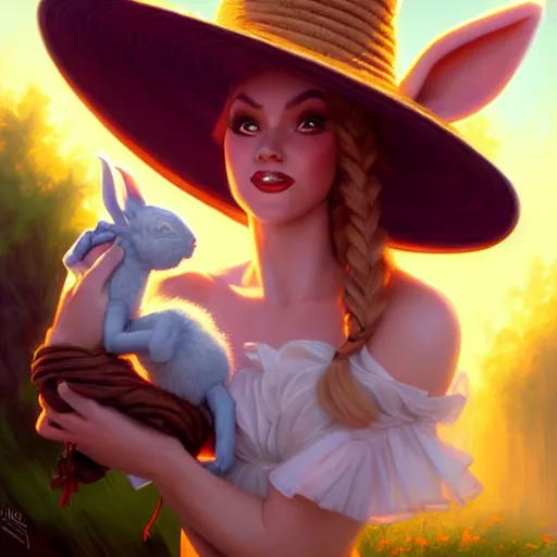 Prompt: painting of Trixie Lulamoon pulling a rabbit out of her hat, extremely detailed, trending on artstation, Artstation HQ, deviantart, by Artgerm, by Justin Gerard