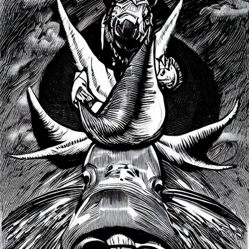 Image similar to winged flying pig with unicorn horn, richard corben style, black and white, 8k