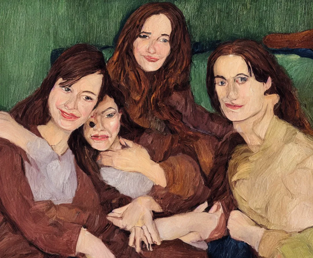 Prompt: close up portrait of pretty bella and esther with brown hair lying horizontal next to each other, in an old english apartment on a brown leather sofa. one is wearing a dark blue sweather, the other a white shirt. close up. in the style of lucien freud. oil painting. green light. thick colorful brush strokes. smiling