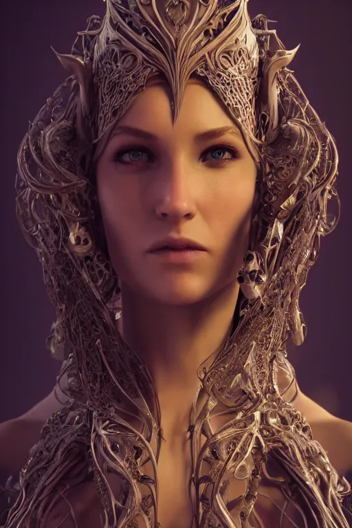 Image similar to beautiful biomechanical impish elven incredible hair, masterpiece crystalline incrustations, hyperdetailed face, elegant pose, movie still, intricate, octane render, cinematic lighting, cgsociety, unreal engine,