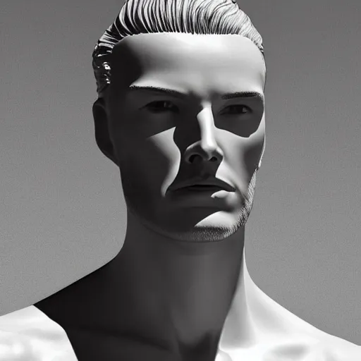 Image similar to “a realistic detailed photo of a guy who is an attractive humanoid who is half robot and half humanoid, who is a male android, David Beckham, shiny skin, posing like a statue, blank stare”