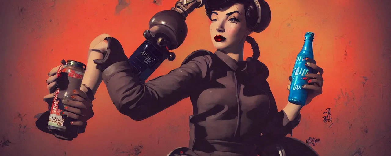 Image similar to duotone noir concept illustration 3 / 4 portrait of vintage female fallout 4 model in retro space suit advertising bottles nuka cola. accidental renaissance. by sachin teng and sergey kolesov and ruan jia and heng z. graffiti art, scifi, fantasy, hyper detailed. octane render. concept art. trending on artstation