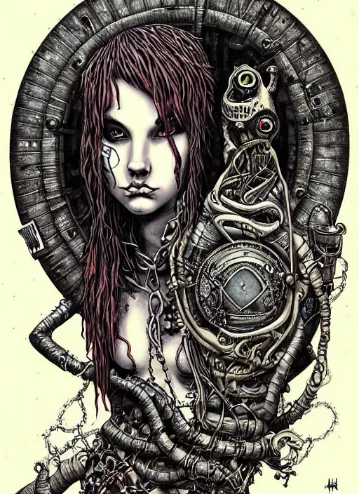 Image similar to a portrait of a pretty sewer punk young lady by aaron horkey